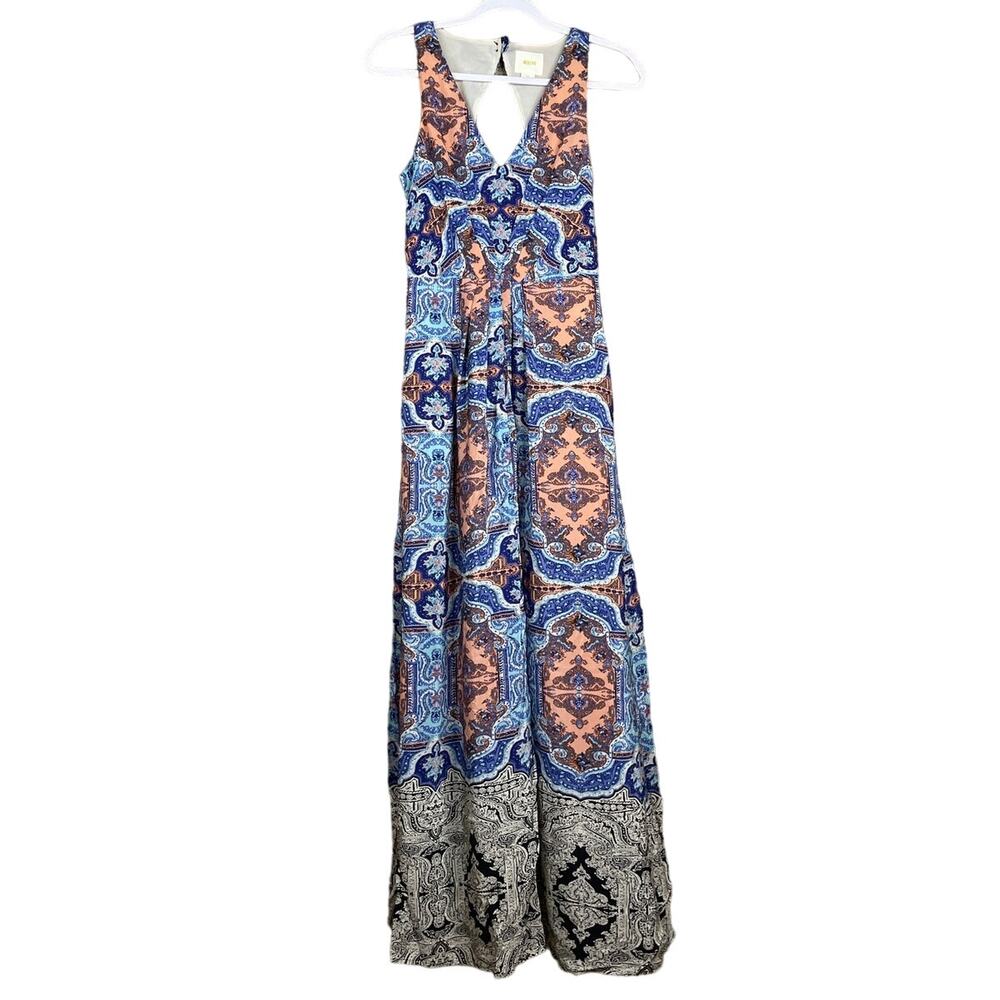 Maeve Medallion 100% Silk Sleeveless Maxi Dress Cutout Back Side Pockets Size 2